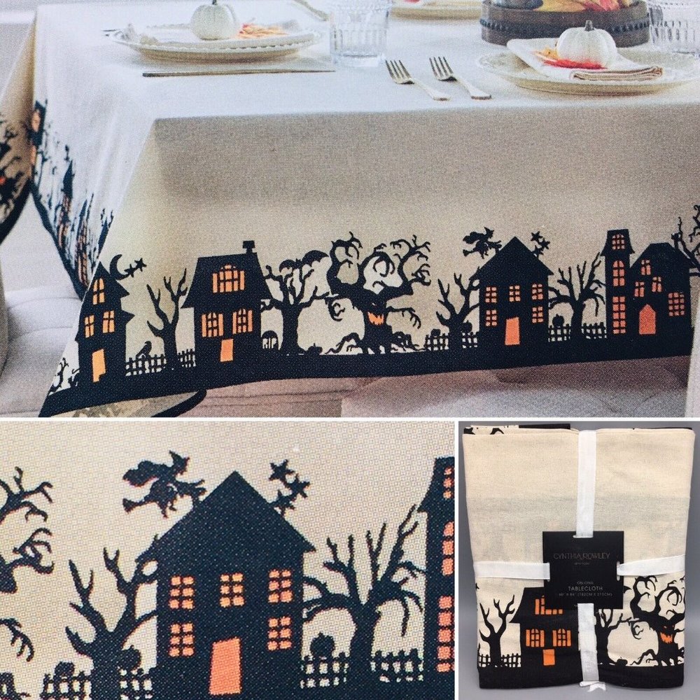 Cynthia Rowley Halloween Tablecloth Haunted House Spooky Tree Flying Witch 60x84